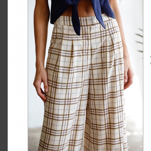 NEW Ivory Multi  Color Plaid Wide Leg Pants - Picture 5 of 8